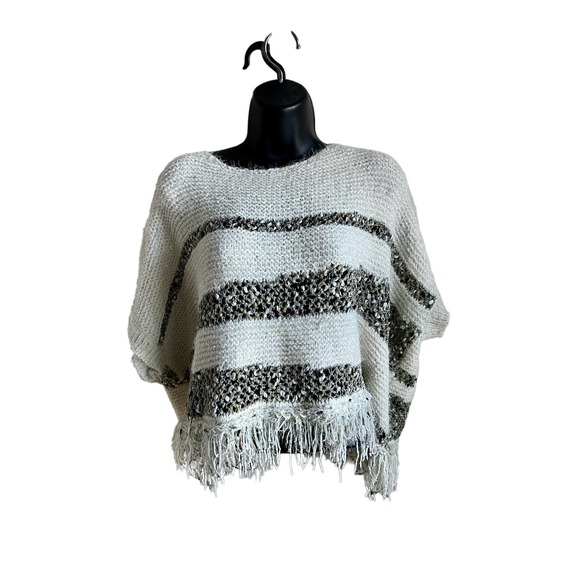 Anthropologie Sweaters - NWOT Anthropologie Moth Tinsel Knit Fringe Hem Sweater Poncho Cream Brown